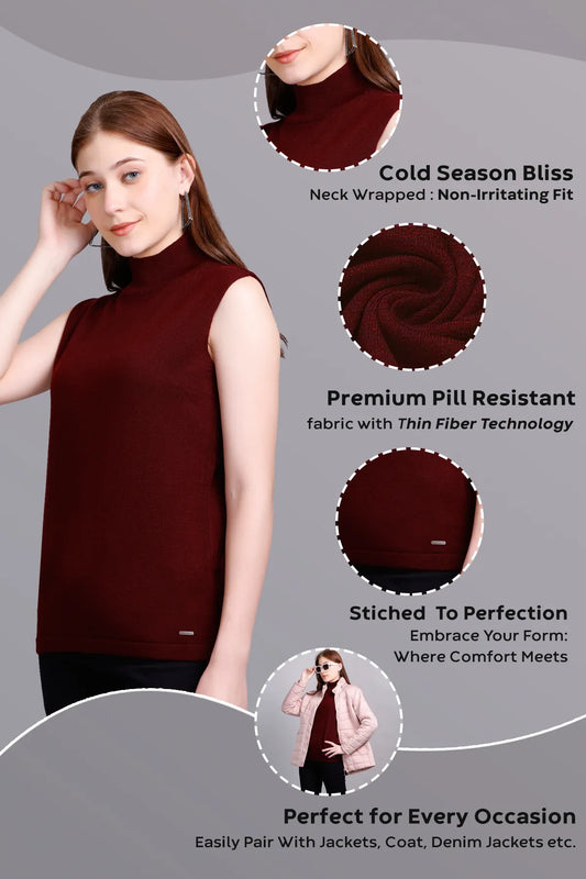 Wine Woolen Turtle Neck Sweater Vest Women