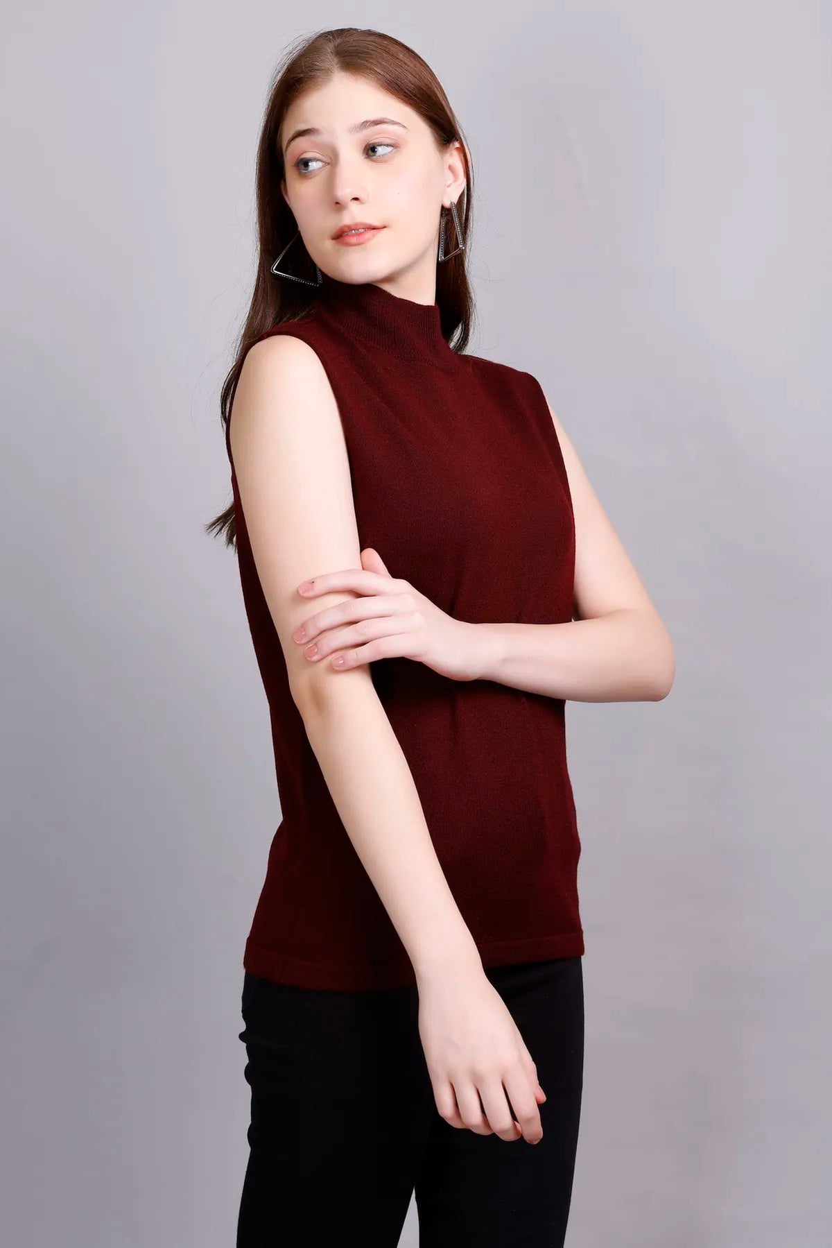 Wine Woolen Turtle Neck Sweater Vest Women