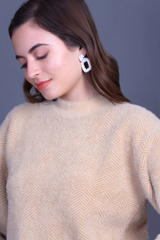 Beige Full Sleeve Woolen Round Neck Sweater For Women