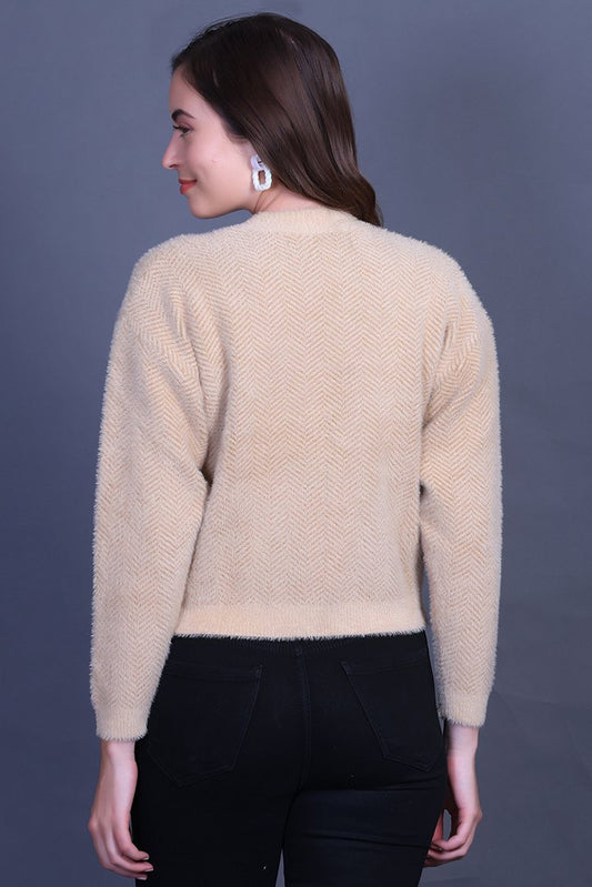 Beige Full Sleeve Woolen Round Neck Sweater For Women