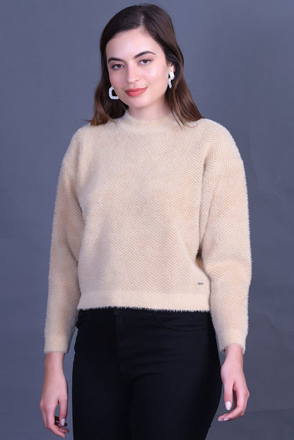 Beige Full Sleeve Woolen Round Neck Sweater For Women