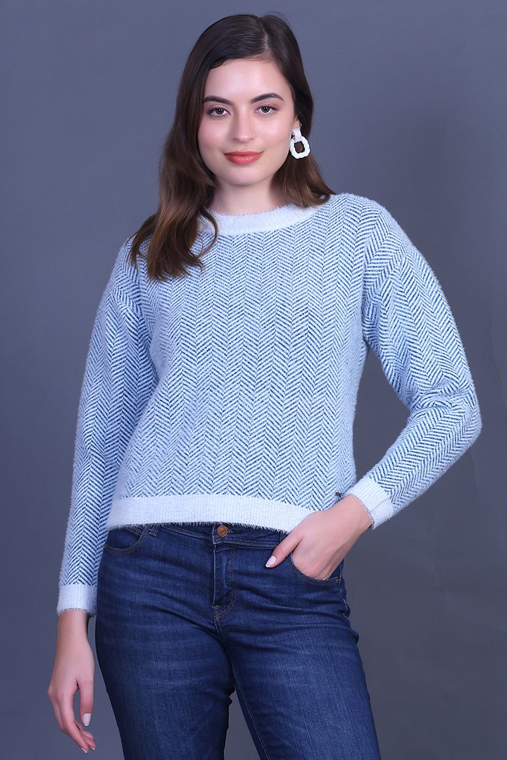 Teal Full Sleeve Woolen Round Neck Sweater For Women