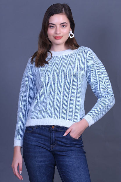 Teal Full Sleeve Woolen Round Neck Sweater For Women
