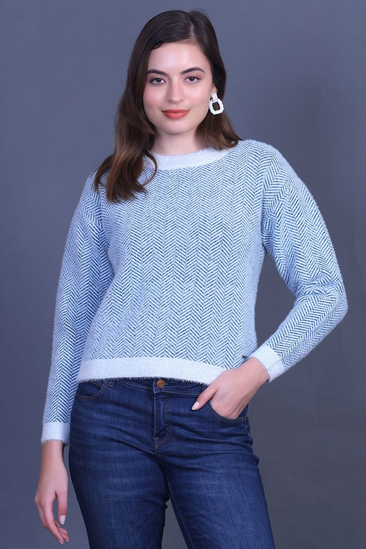 Teal Full Sleeve Woolen Round Neck Sweater For Women