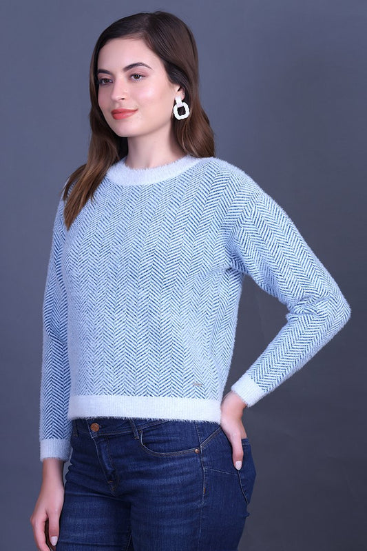 Teal Full Sleeve Woolen Round Neck Sweater For Women