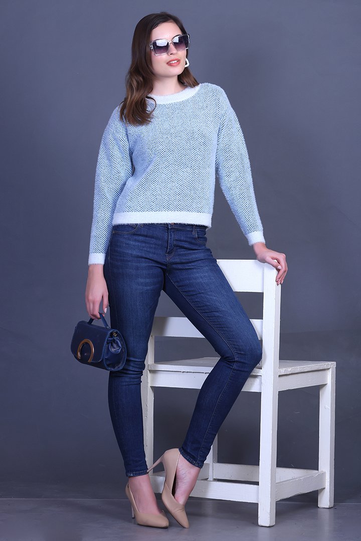 Teal Full Sleeve Woolen Round Neck Sweater For Women