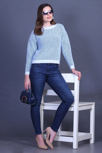 Teal Full Sleeve Woolen Round Neck Sweater For Women