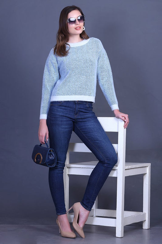 Teal Full Sleeve Woolen Round Neck Sweater For Women