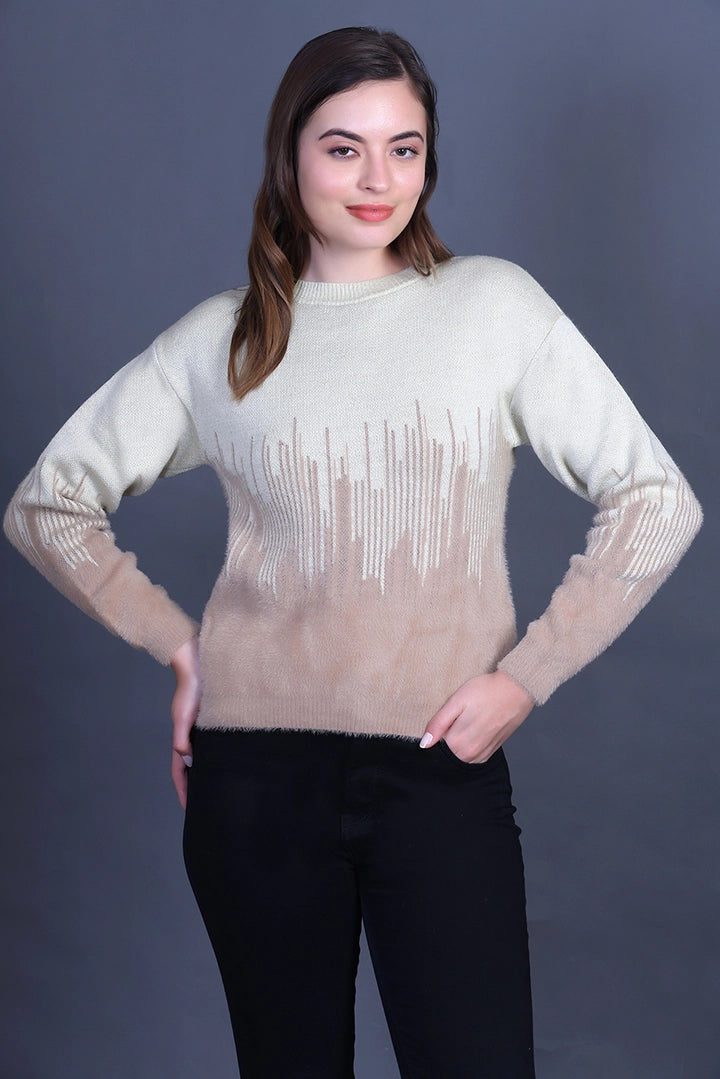 Beige Full Sleeve Woolen Round Neck Sweater For Women