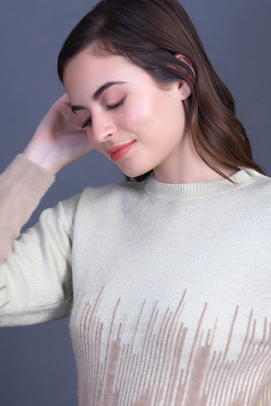 Beige Full Sleeve Woolen Round Neck Sweater For Women