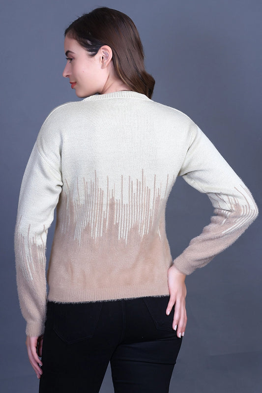 Beige Full Sleeve Woolen Round Neck Sweater For Women