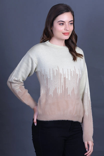 Beige Full Sleeve Woolen Round Neck Sweater For Women