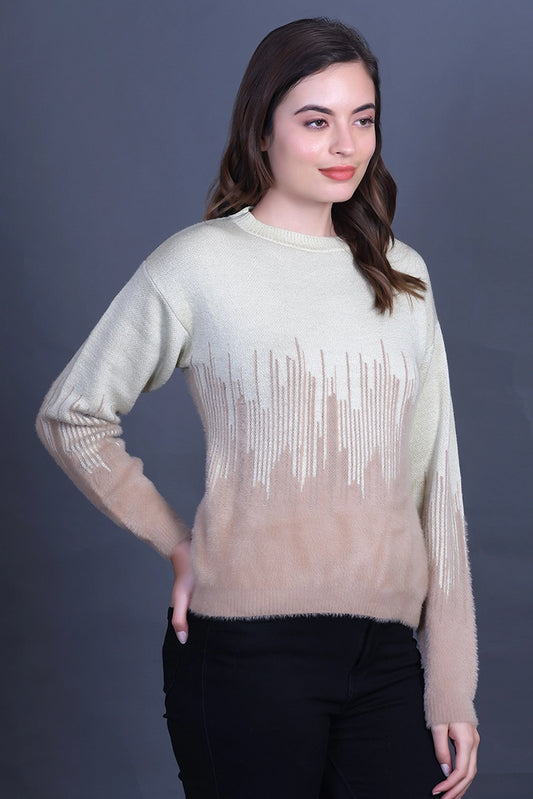 Beige Full Sleeve Woolen Round Neck Sweater For Women