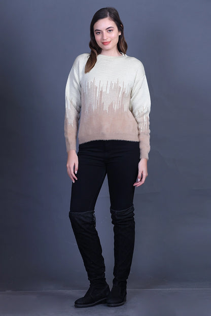 Beige Full Sleeve Woolen Round Neck Sweater For Women