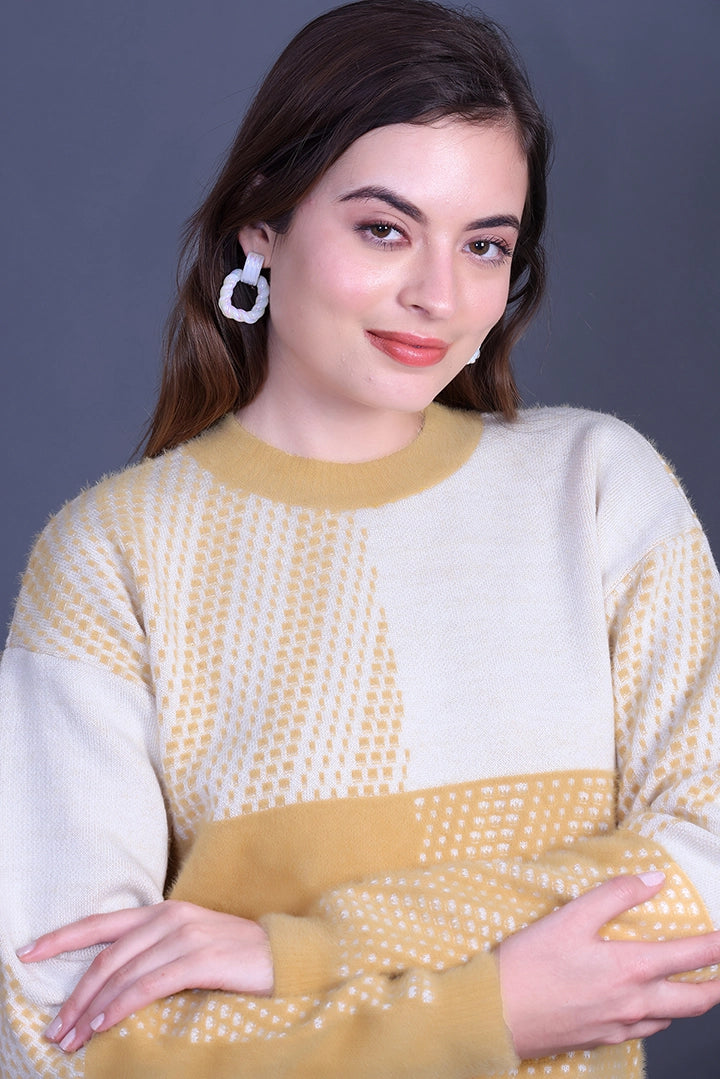 Mustard Full Sleeve Woolen Round Neck Sweater For Women
