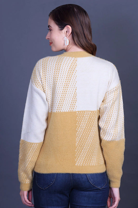Mustard Full Sleeve Woolen Round Neck Sweater For Women