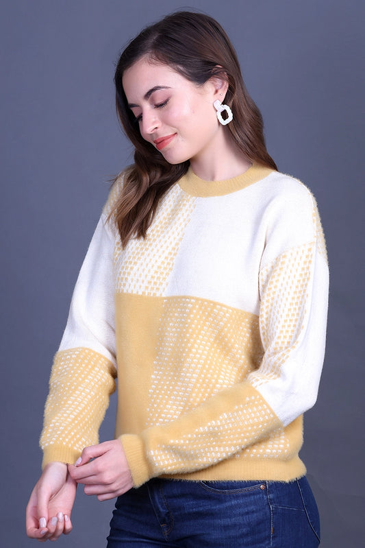 Mustard Full Sleeve Woolen Round Neck Sweater For Women