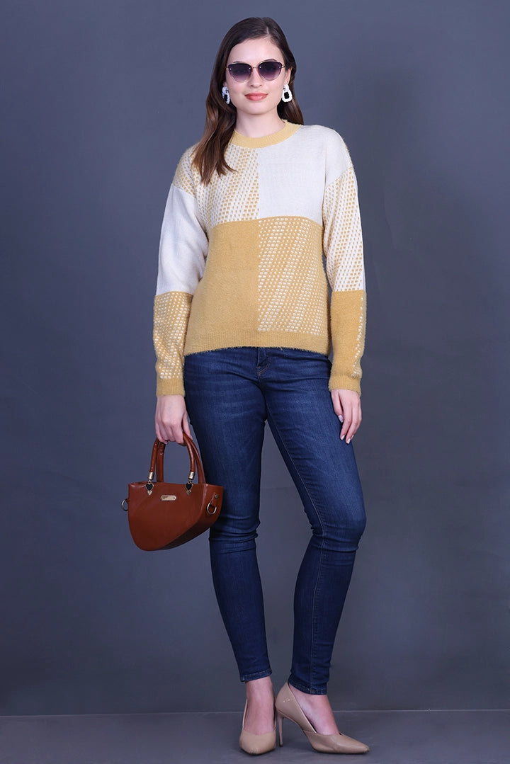 Mustard Full Sleeve Woolen Round Neck Sweater For Women