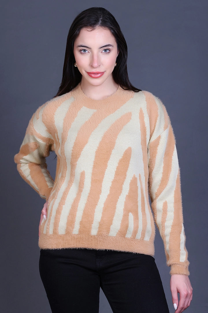 Beige Full Sleeve Woolen Round Neck Sweater For Women