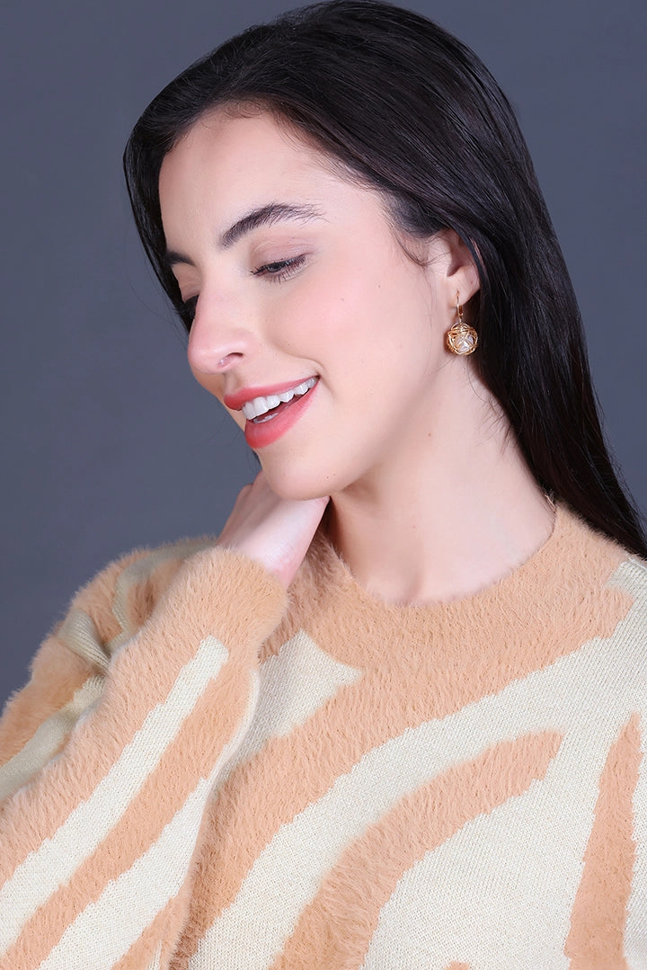 Beige Full Sleeve Woolen Round Neck Sweater For Women