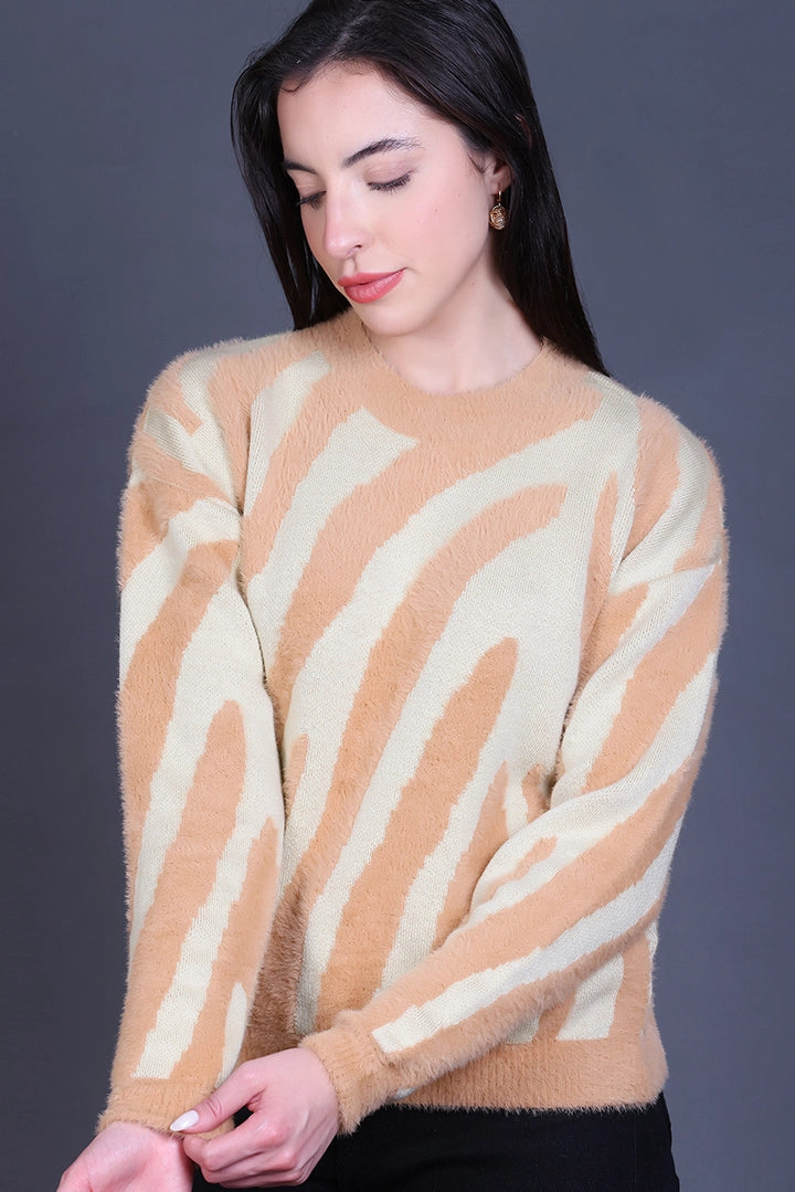 Beige Full Sleeve Woolen Round Neck Sweater For Women