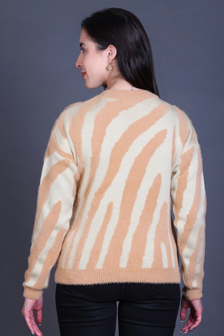 Beige Full Sleeve Woolen Round Neck Sweater For Women