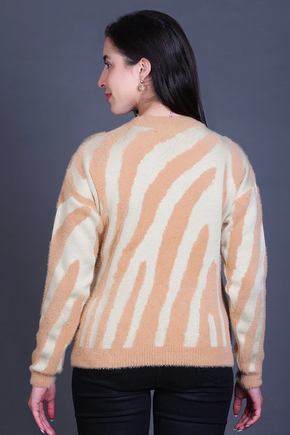 Beige Full Sleeve Woolen Round Neck Sweater For Women