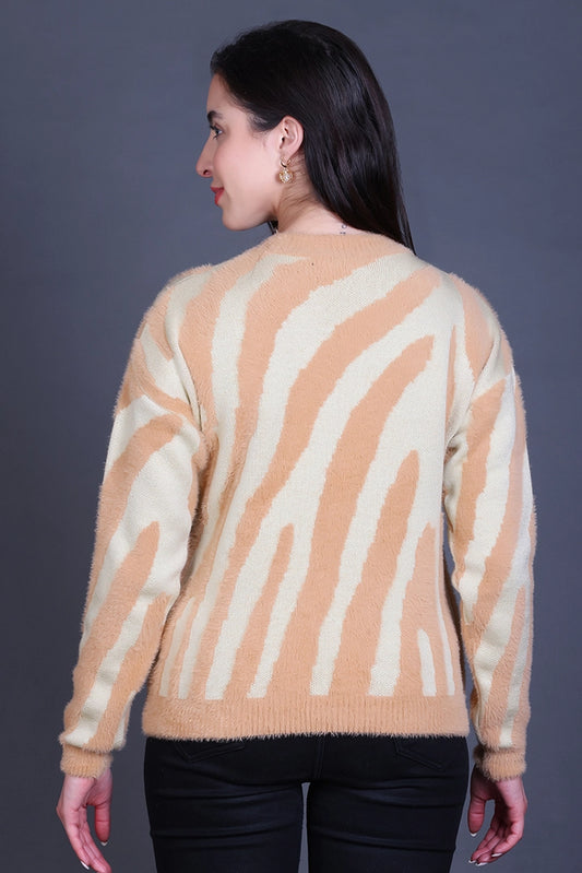 Beige Full Sleeve Woolen Round Neck Sweater For Women