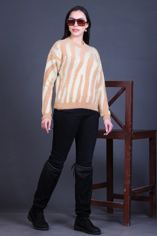 Beige Full Sleeve Woolen Round Neck Sweater For Women