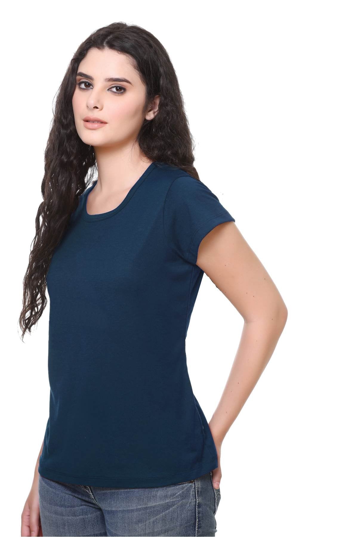 Women Solid Navy Cotton Round Neck T-Shirt