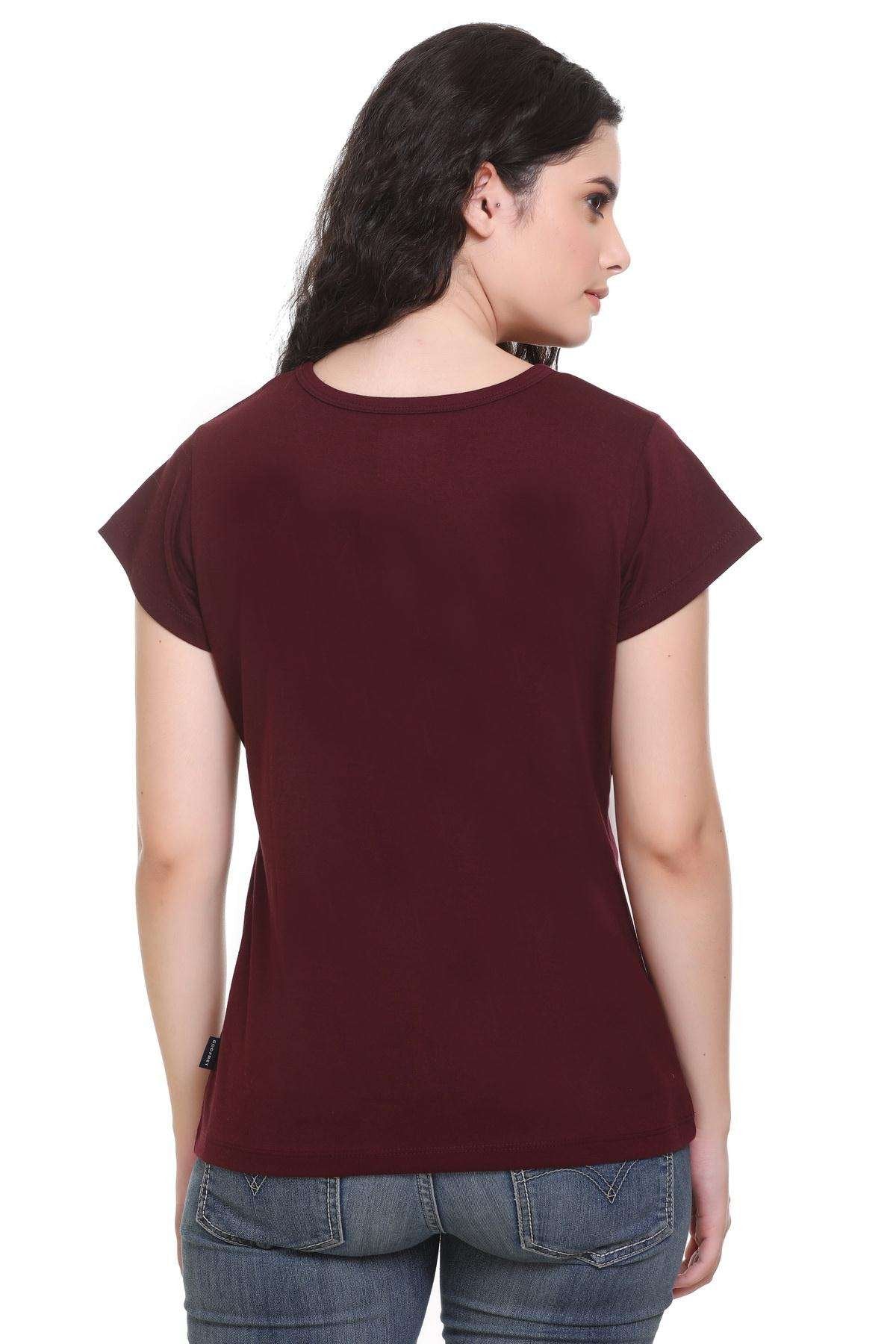Women Solid Burgundy Cotton Round Neck T-Shirt