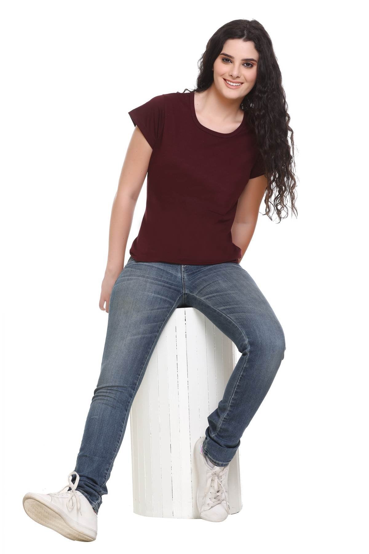 Women Solid Burgundy Cotton Round Neck T-Shirt