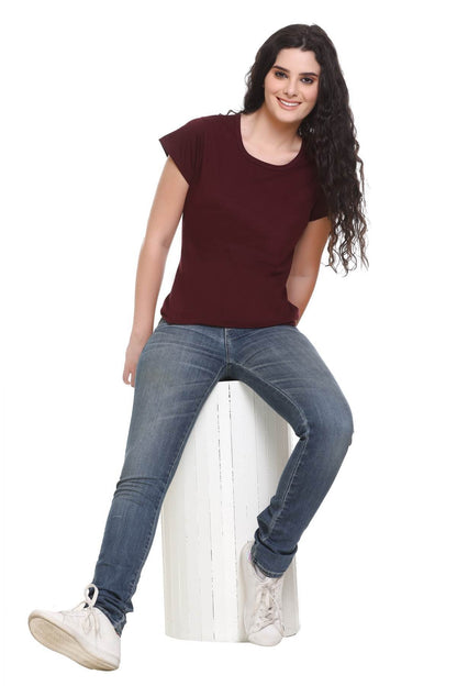 Women Solid Burgundy Cotton Round Neck T-Shirt