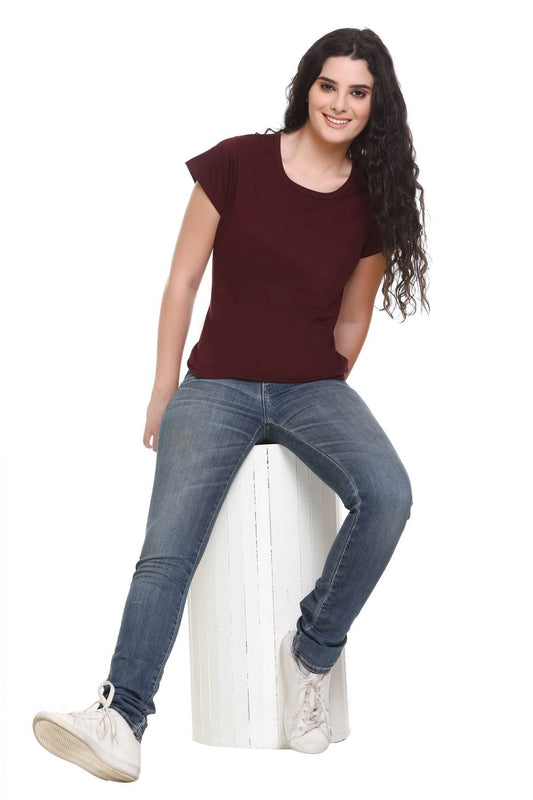 Women Solid Burgundy Cotton Round Neck T-Shirt