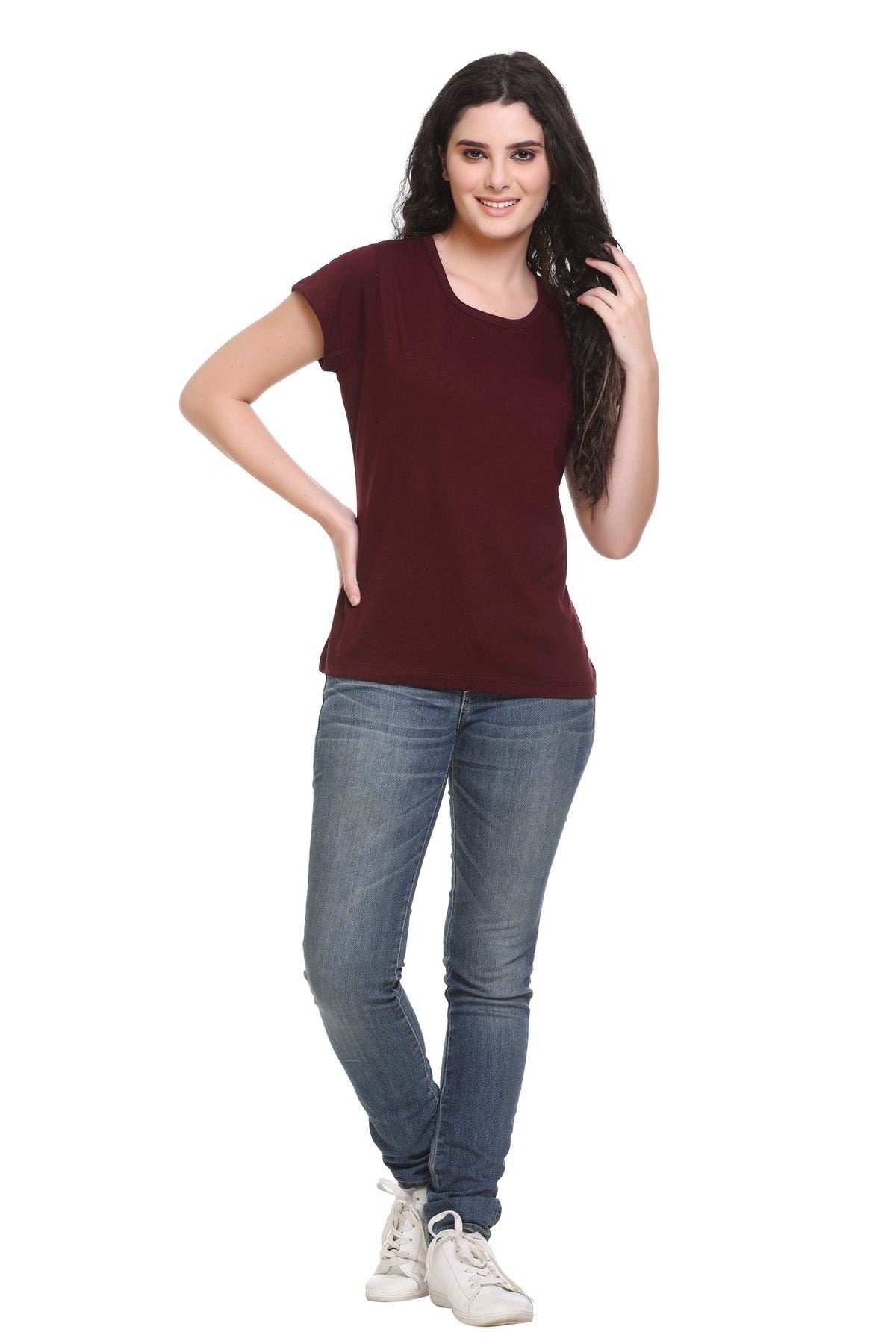 Women Solid Burgundy Cotton Round Neck T-Shirt