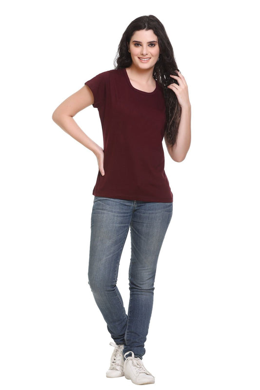 Women Solid Burgundy Cotton Round Neck T-Shirt