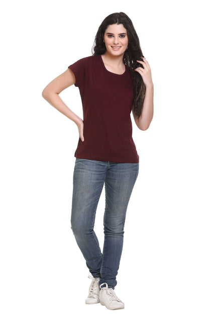 Women Solid Coffee Cotton Boat Neck T-Shirt