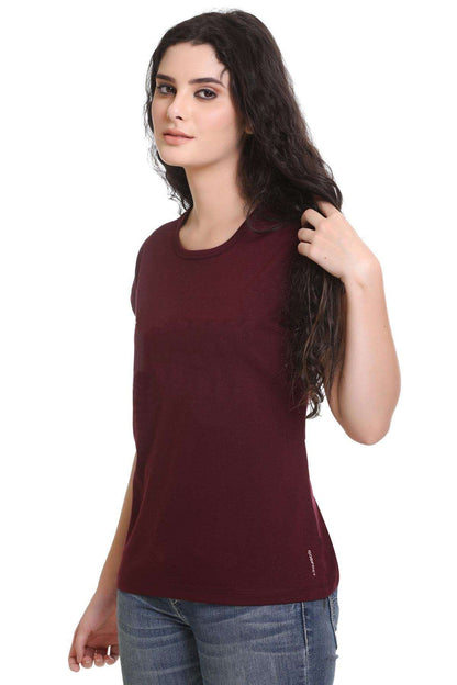 Women Solid Burgundy Cotton Round Neck T-Shirt