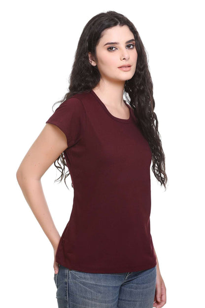 Women Solid Burgundy Cotton Round Neck T-Shirt