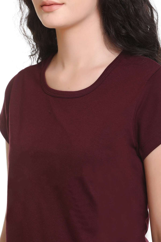 Women Solid Burgundy Cotton Round Neck T-Shirt