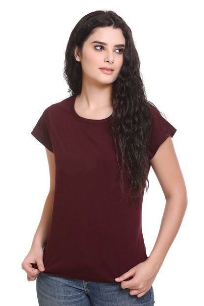 Women Solid Burgundy Cotton Round Neck T-Shirt