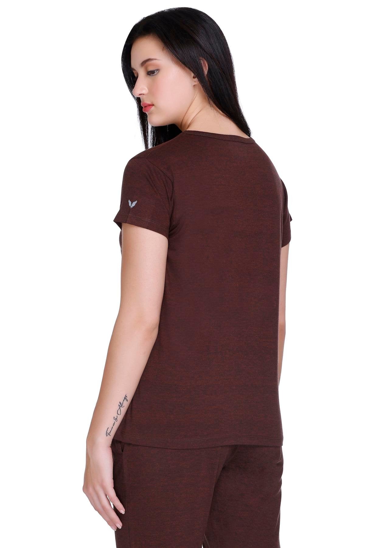 Women Solid Coffee Cotton Boat Neck T-Shirt
