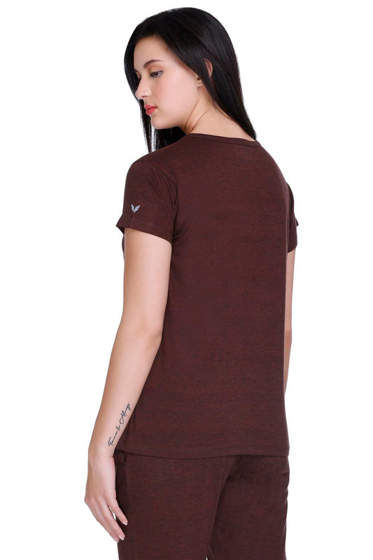 Women Solid Coffee Cotton Boat Neck T-Shirt