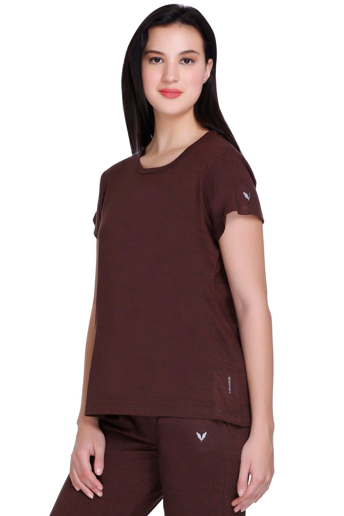 Women Solid Coffee Cotton Boat Neck T-Shirt
