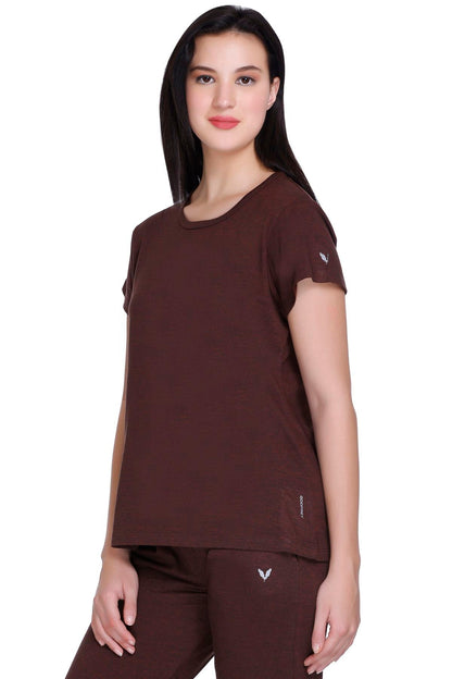 Women Solid Coffee Cotton Boat Neck T-Shirt