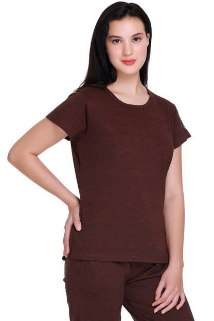 Women Solid Coffee Cotton Boat Neck T-Shirt
