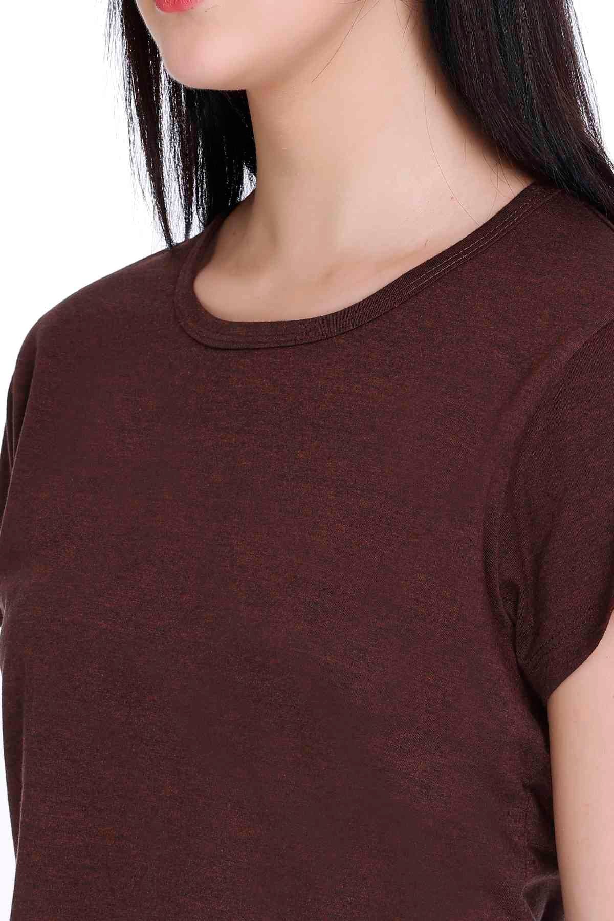 Women Solid Coffee Cotton Boat Neck T-Shirt