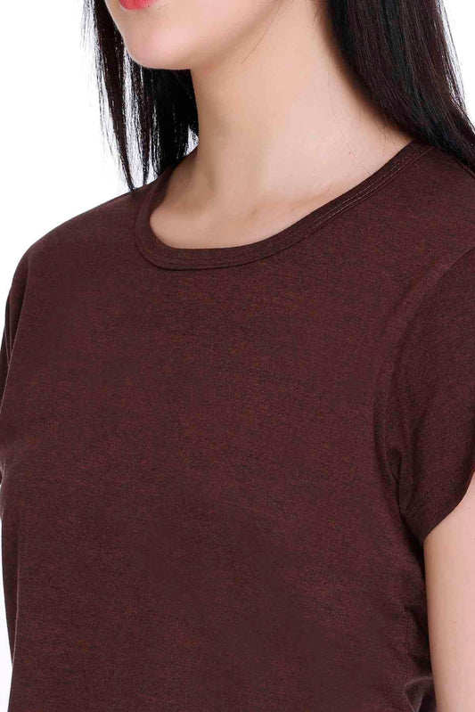 Women Solid Coffee Cotton Boat Neck T-Shirt