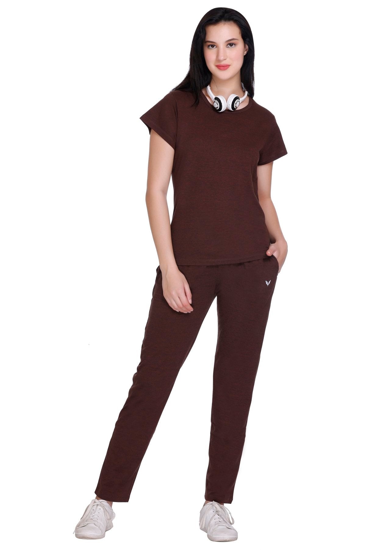 Women Solid Coffee Cotton Boat Neck T-Shirt