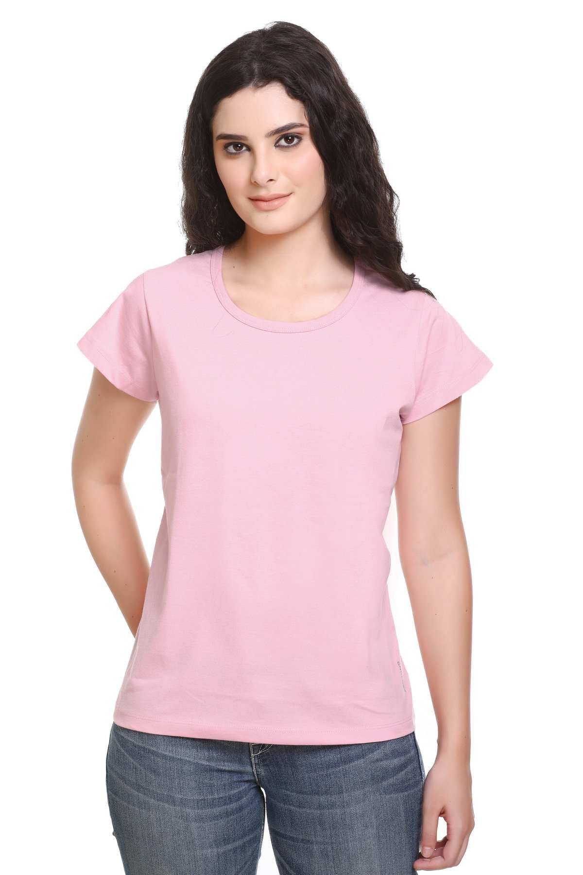Women Solid Rose Cotton Round Neck T-Shirt